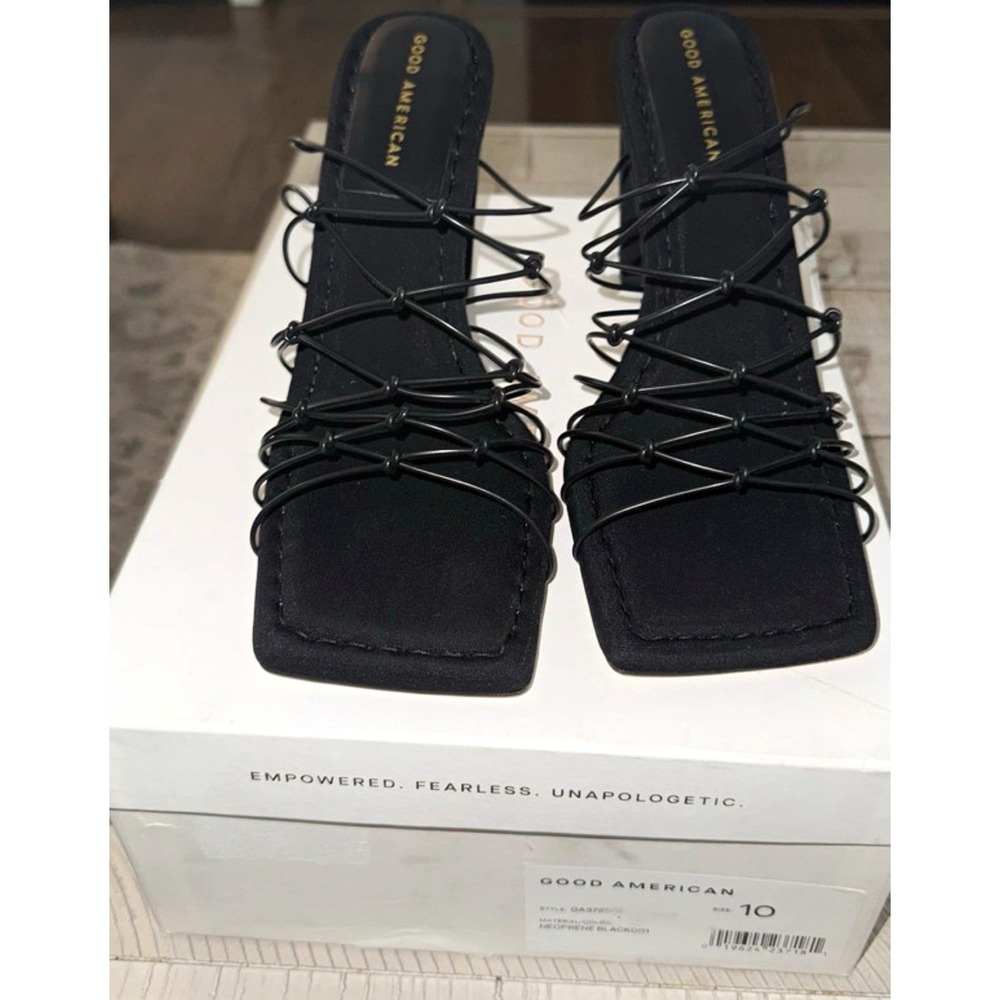 Good American Black Neoprene Strappy Square Toe Slip-On Mules Womens 10